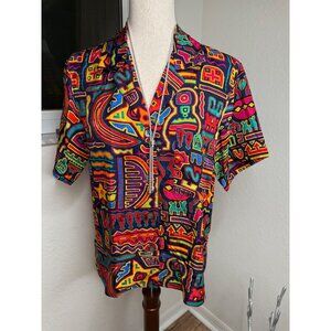 Vtg 80s Art to wear  Ann Klein II 8 100% Silk Button-Up Shirt Abstract Retro